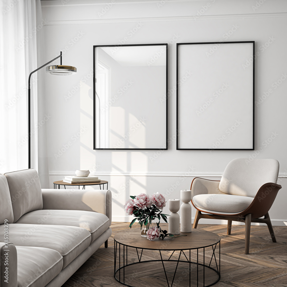 Obraz premium Frame mockup, ISO A paper size. Living room wall poster mockup. Interior mockup with house background. Modern interior design. 3D render