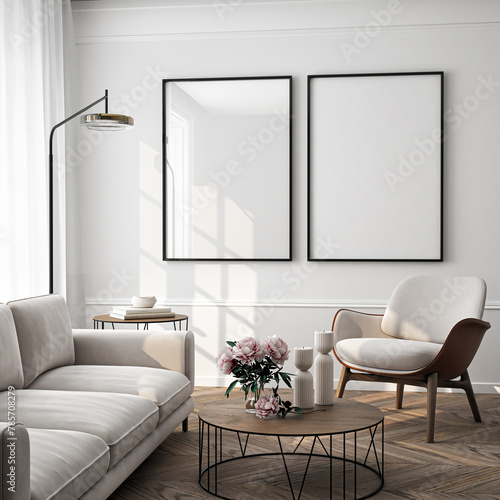 Frame mockup, ISO A paper size. Living room wall poster mockup. Interior mockup with house background. Modern interior design. 3D render  