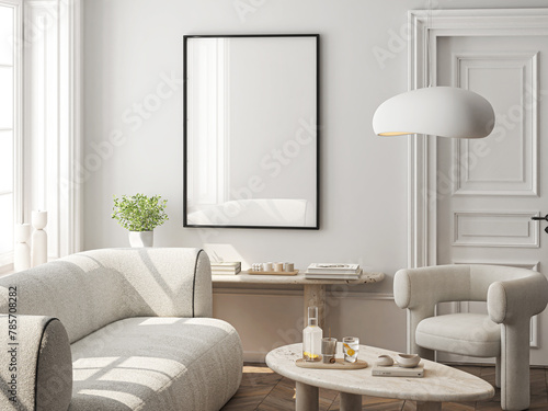 Frame mockup, ISO A paper size. Living room wall poster mockup. Interior mockup with house background. Modern interior design. 3D render  