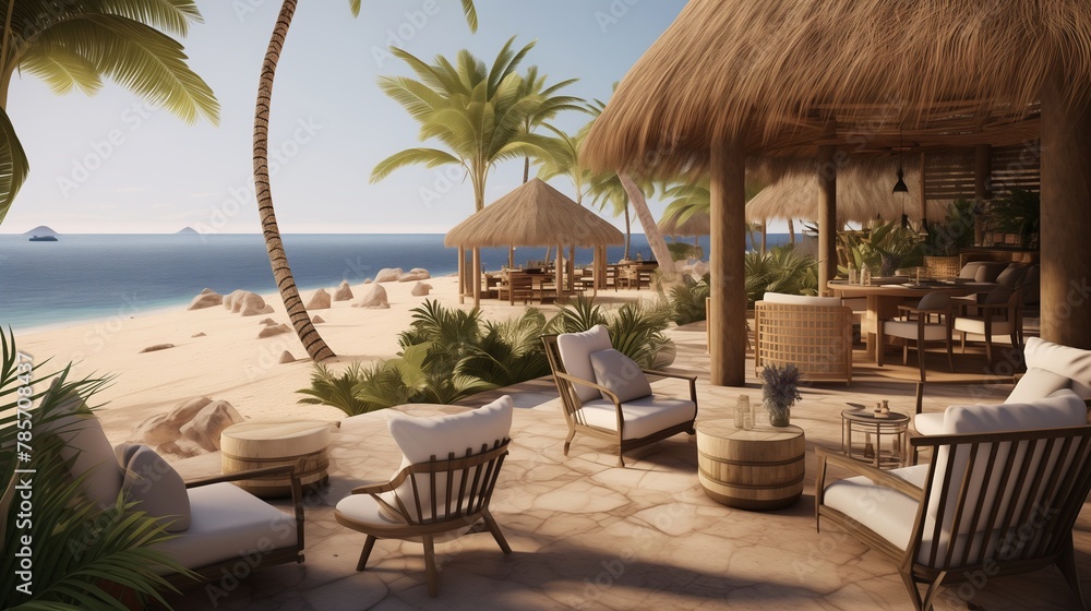 A captivating beachfront setting with cozy huts shaded by palm fronds, complete with inviting brown chairs and tables for enjoying the panoramic view of the sea and sky.