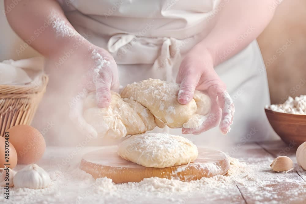 hands kneading dough on a wooden surface with flour, eggs, and garlic in the background, suggesting cooking or baking. hands kneading dough on a wooden surface with flour, eggs, and garlic in the background, suggesting cooking or baking.