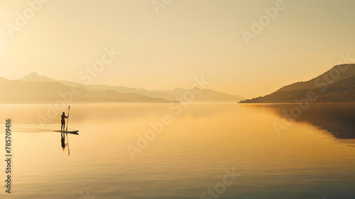 A serene paddleboarder on a crystal-clear lake during a calm golden sunset reflecting the tranquility and simplicity of water sports amidst natural beauty. © Finn
