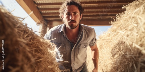 Male farmer in a barn with haystacks. Generative AI. photo