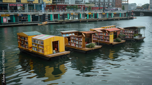A series of floating public libraries on urban waterways accessible by boat promoting literacy and learning in a novel setting while making use of underutilized spaces. photo