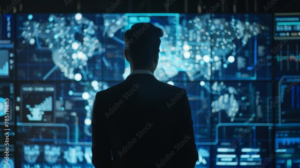 Man Analyzing Data on Multiple Screens at Night Man Analyzing Data on Multiple Screens at Night