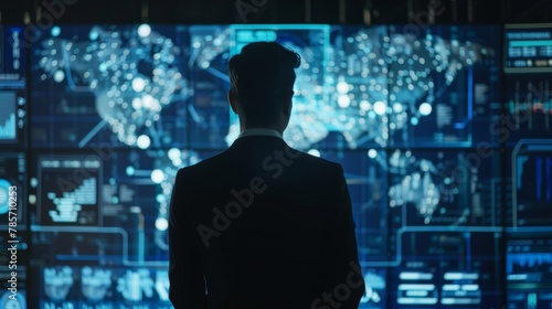 Man Analyzing Data on Multiple Screens at Night
