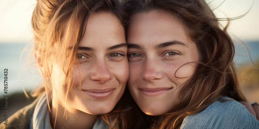 Two young women in love hugging on the beach, close-up portrait of lesbians. Generative AI. Two young women in love hugging on the beach, close-up portrait of lesbians. Generative AI.