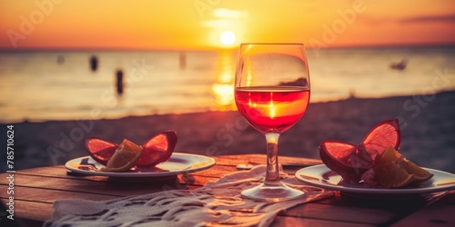 Romantic dinner by the sea, two glasses of wine at sunset. Generative AI.