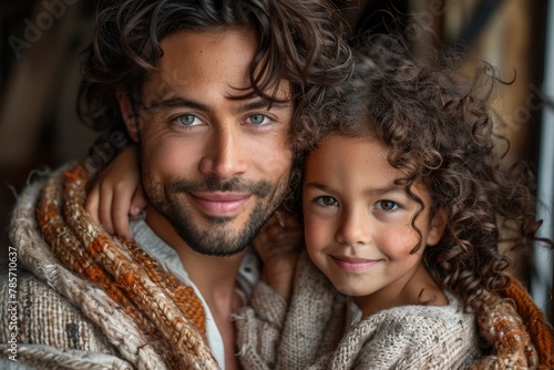 An affectionate portrayal of a father with striking blue eyes and his young daughter, both sharing curly hair and warm smiles
