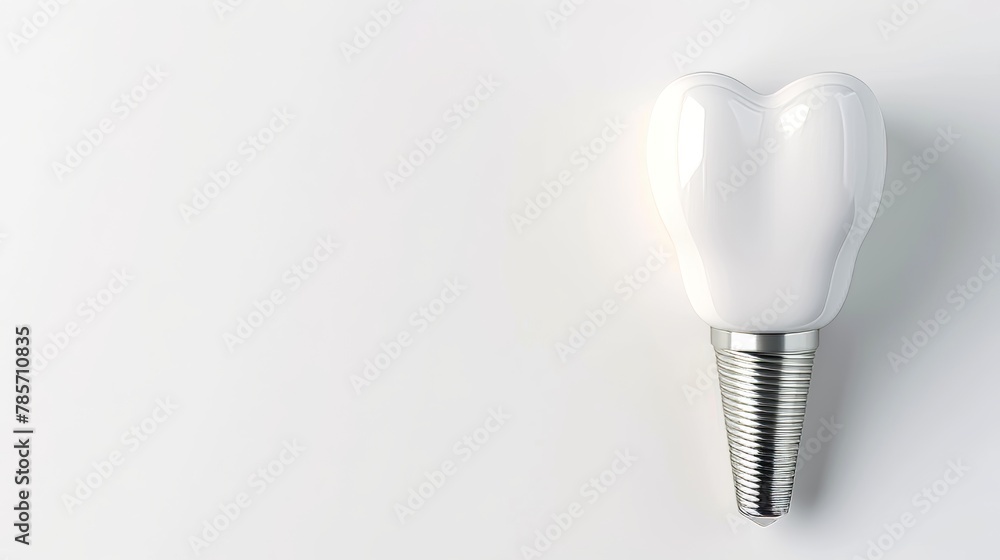 A silver tooth implant is shown on a white background. The implant is a small, silver screw that is inserted into the jawbone to replace a missing tooth A silver tooth implant is shown on a white background. The implant is a small, silver screw that is inserted into the jawbone to replace a missing tooth