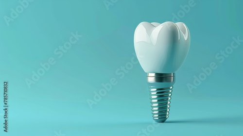 A tooth with a silver screw in it is shown on a blue background. The tooth is missing a portion of its root, and the screw is inserted into the space to replace it. Concept of dental care