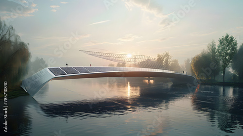 A solar sail bridge spanning a major river designed not only as a means of transport but also as a dynamic solar power generator contributing clean energy to the surrounding urban area. photo