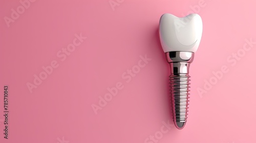 A tooth is shown with a silver screw in it. The tooth is missing and the screw is being used to replace it. Concept of dental care and the importance of maintaining good oral hygiene