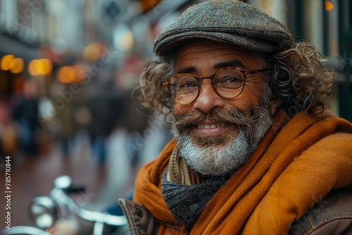A bearded elderly man wearing a tweed cap and glasses smiles warmly on a city street, reflecting his unique vintage style