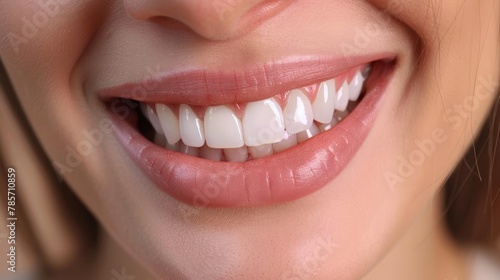 A woman with a big smile on her face. Her teeth are white and she has a pink lip