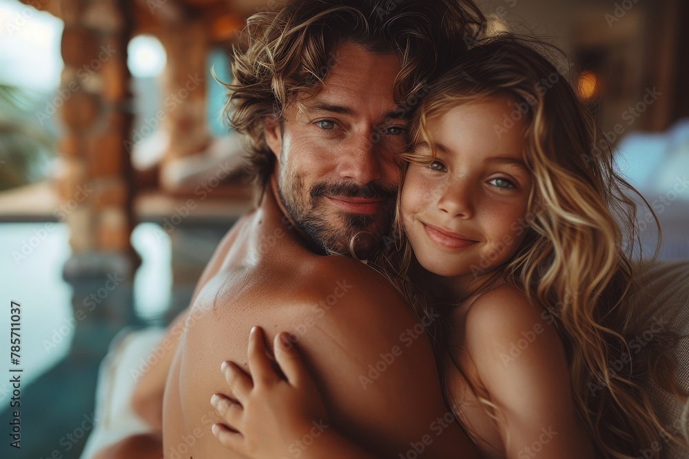 A smiling man hugs a young girl in a warm, tropical environment A smiling man hugs a young girl in a warm, tropical environment