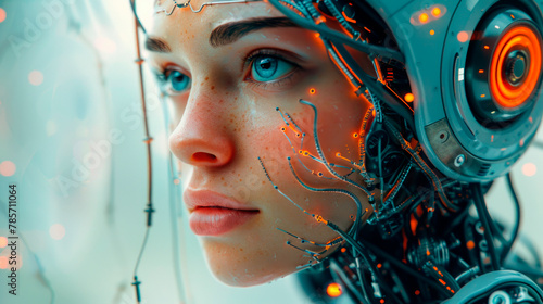 The future of humanity is the technology for the formation of artificial intelligence in advanced computing and autonomous systems. Beautiful female android. The Evolution of Future Technologies #785711064