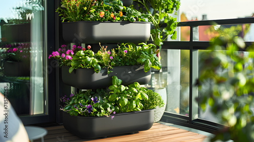 A space-saving balcony garden with tiered planters efficiently growing a variety of herbs such as cilantro basil and thyme alongside edible flowers. photo