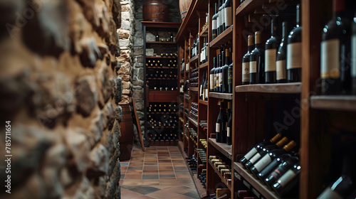 A sumptuous wine cellar with vintage collections and stone walls. photo