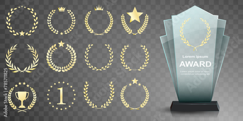 Glass award trophy set. Transparent prize template. Winner first place concept. Vector illustration. Winner glass trophy. First place award, crystal prize and signed acrylic trophies. Glass awarding t