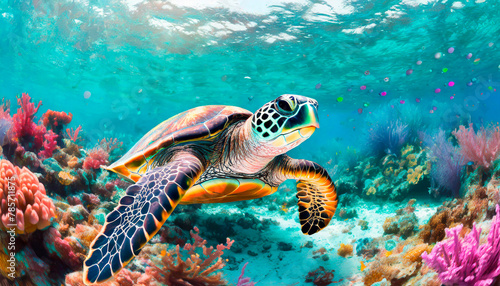 Contemporary digital colorful artistic illustration of turtle swimming in the seabed. World Turtle Day. Copy space.