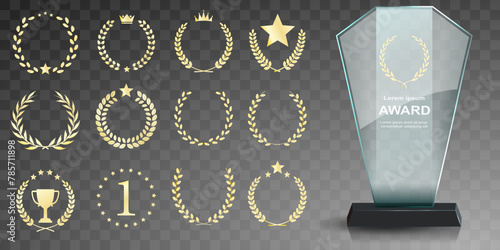 Glass award trophy set. Transparent prize template. Winner first place concept. Vector illustration. Winner glass trophy. First place award, crystal prize and signed acrylic trophies. Glass awarding t