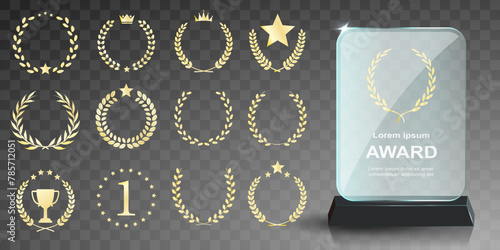 Glass award trophy set. Transparent prize template. Winner first place concept. Vector illustration. Winner glass trophy. First place award, crystal prize and signed acrylic trophies. Glass awarding t