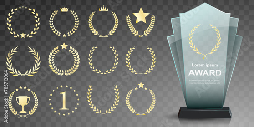Glass award trophy set. Transparent prize template. Winner first place concept. Vector illustration. Winner glass trophy. First place award, crystal prize and signed acrylic trophies. Glass awarding t
