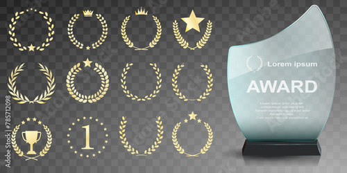 Glass award trophy set. Transparent prize template. Winner first place concept. Vector illustration. Winner glass trophy. First place award, crystal prize and signed acrylic trophies. Glass awarding t