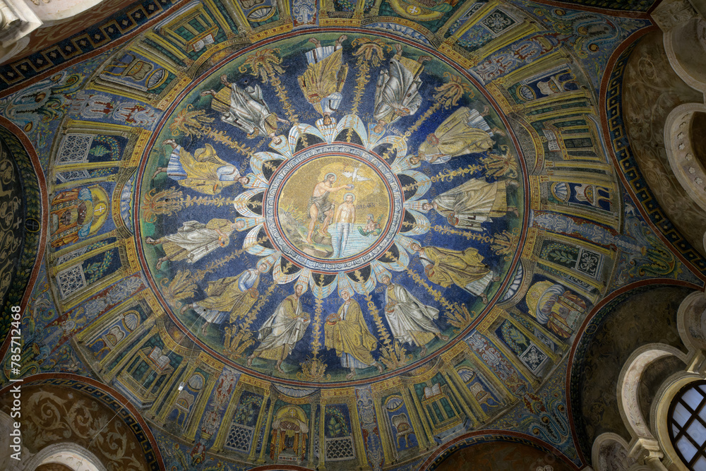 The ceiling mosaic of Orthodox Baptistery. Ravenna, Italy - obrazy, fototapety, plakaty 