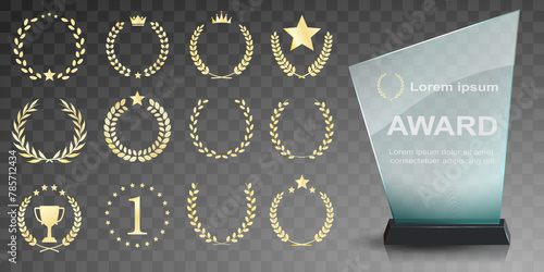 Glass award trophy set. Transparent prize template. Winner first place concept. Vector illustration. Winner glass trophy. First place award, crystal prize and signed acrylic trophies. Glass awarding t