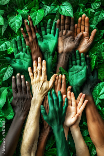Human hands rising on the background of plants, the concept of harmony with nature, ecological proplems