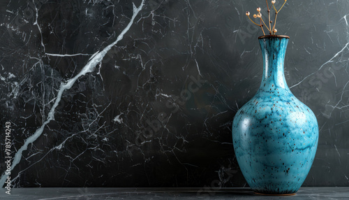 blue textured ceramic vase on black marble background with copy space