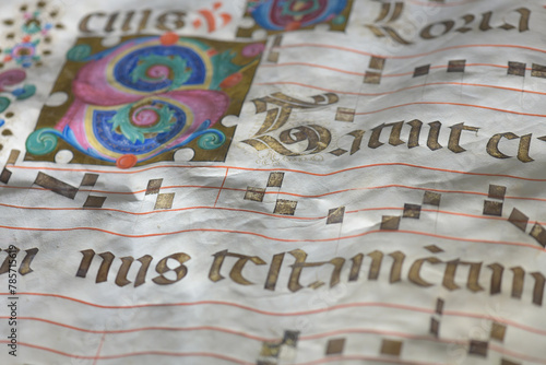 Detail with initial letter from illuminated antiphonary manuscrip photo