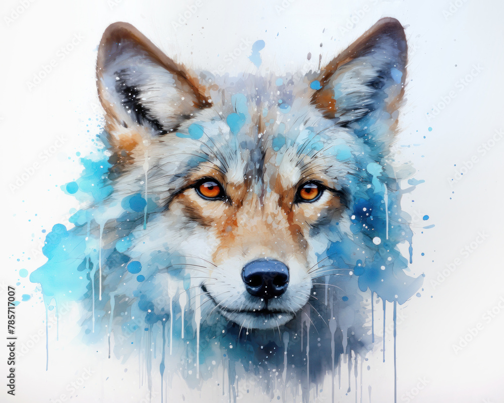 Fototapeta premium wolf head with blots and streaks of blue watercolor paint