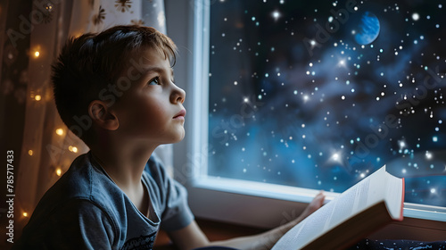 A young boy staring out his window at the night sky a space encyclopedia open on his lap. photo