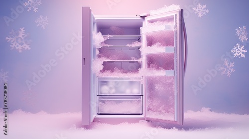 modern fridge and flying snowflake on light blue background photo