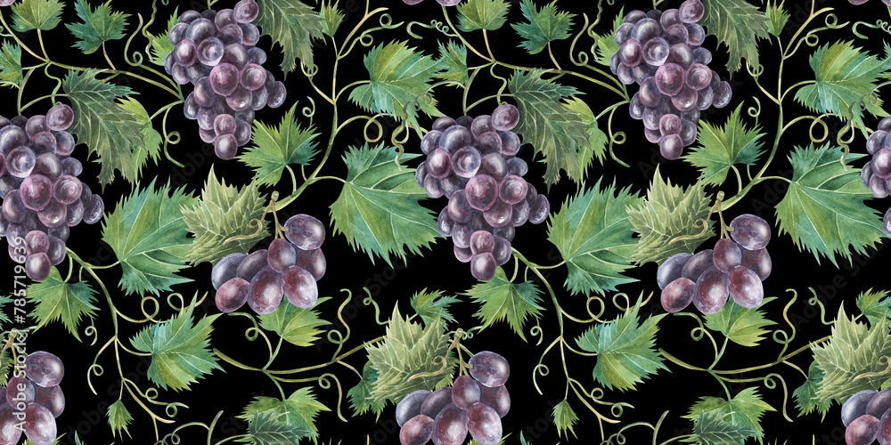 Obraz premium A bunch of violet purple grapes and leaves. Watercolor seamless pattern on white background. For fabric, packaging paper, scrapbooking, product packaging design. hand drawn illustration. Black