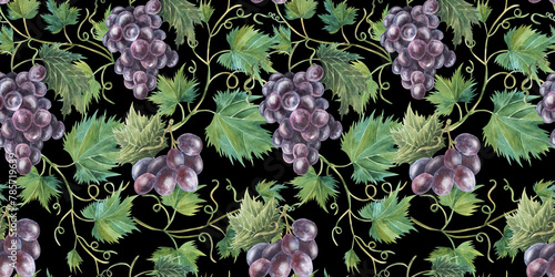 A bunch of violet purple grapes and leaves. Watercolor seamless pattern on white background. For fabric, packaging paper, scrapbooking, product packaging design. hand drawn illustration. Black