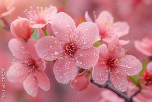 Close-up of fresh pink cherry blossoms, dew drops adorning the petals highlight their delicate texture and vibrant spring life photo