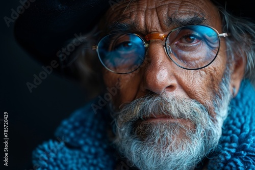 Artistic shot with a blurred subject wearing a black hat, focused on textures and colors rather than facial features photo