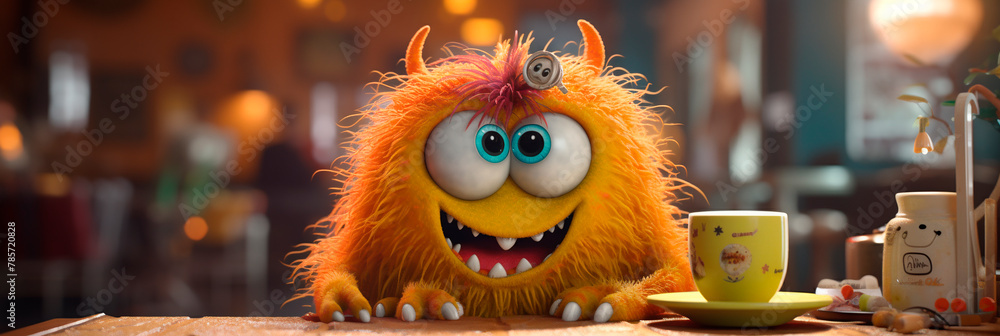 Cute character. Charming orange fluffy monster with huge cheerful eyes smiles joyfully while sitting at a table in a cafe. Banner with good morning or coffee time concept. Cute character. Charming orange fluffy monster with huge cheerful eyes smiles joyfully while sitting at a table in a cafe. Banner with good morning or coffee time concept.