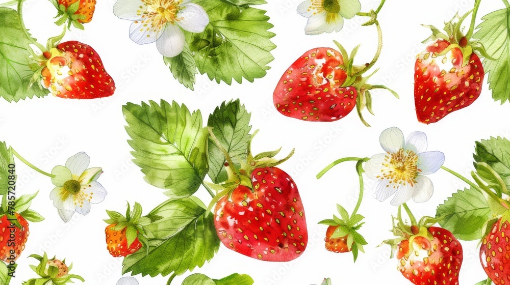 Strawberry with flowers, berries and leaves on a white background. Vector illustration of seamless texture for summer cover, botanical wallpaper pattern, vintage background, wedding invitation