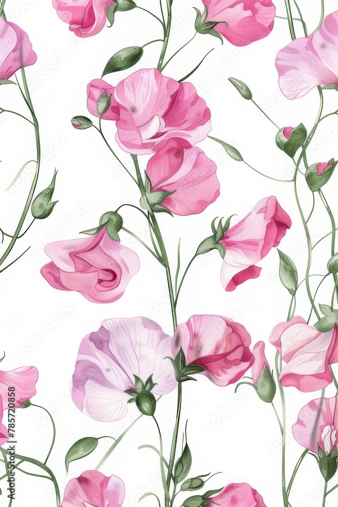 Fototapeta premium watercolor illustration of pink sweet pea flowers on white background, summer botanical vertical pattern for background, wallpaper, fabric and textile