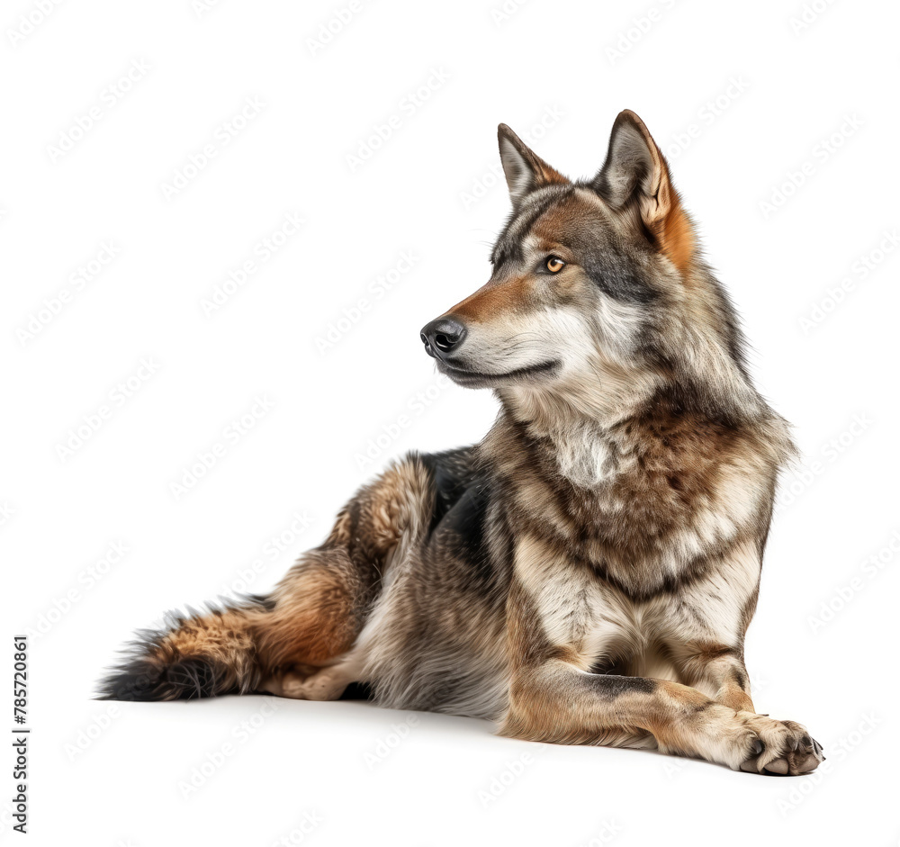 Relaxed grey wolf lying down on white background