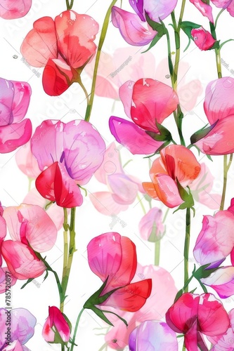 watercolor illustration of pink sweet pea flowers on white background, summer botanical vertical pattern for background, wallpaper, fabric and textile