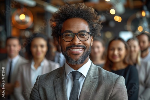 Engaging close-up of a businessman with glasses and a warm smile, with a group of diverse colleagues in the background