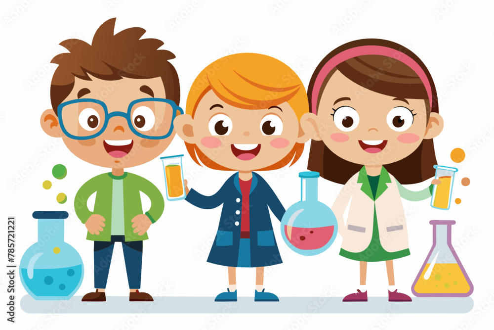 Kids with chemistry flask, white background, cartoon illustration, copy space Kids with chemistry flask, white background, cartoon illustration, copy space