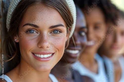 A captivating image focusing on a smiling young woman with sparkling eyes, surrounded by a diverse group of friends photo