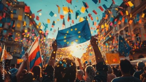 Joyful crowd with vibrant flags celebrates Europe Day amidst colorful confetti, embodying the spirit of unity and festivity photo